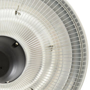 Close-up of the silver metal mesh guard and hanging hook on the heater