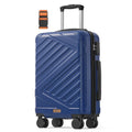 Hard shell cabin suitcase with 4 double spinner wheels, telescopic handle raised and a luggage strap beside it