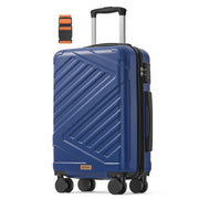 Hard shell cabin suitcase with 4 double spinner wheels, telescopic handle raised and a luggage strap beside it