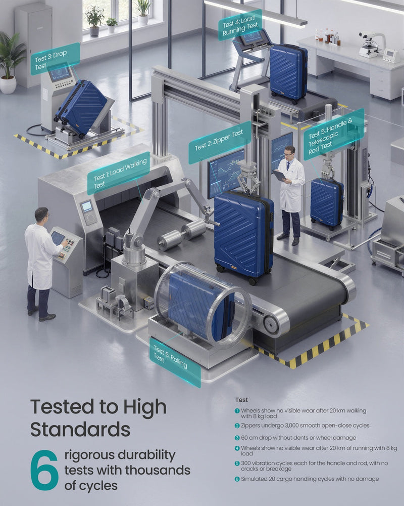 Illustration of the suitcase in a laboratory undergoing 6 durability tests