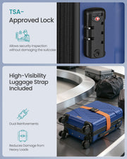 Close-up of the TSA approved combination lock and the high-visibility luggage strap