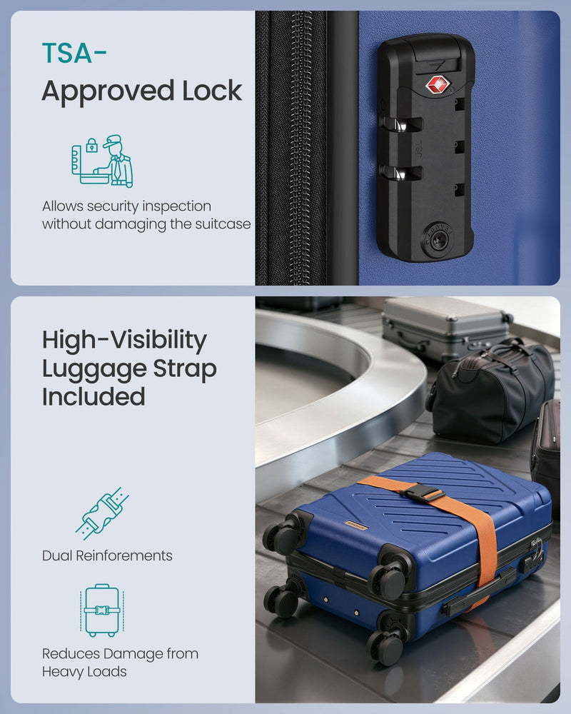Close-up of the TSA approved combination lock and the high-visibility luggage strap