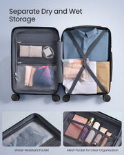 Open suitcase interior with a zipped mesh divider on one side and cross packing straps