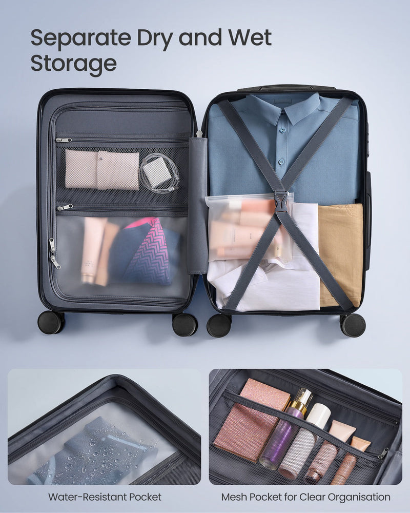 Open suitcase interior with a zipped mesh divider on one side and cross packing straps