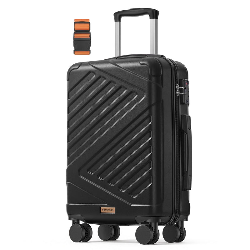 Studio shot of the 55 cm hard shell suitcase on its spinner wheels with the matching luggage strap
