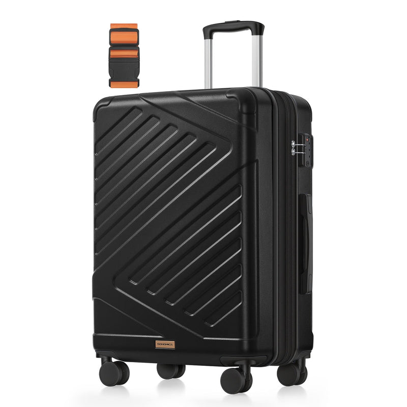 Hard shell suitcase with 4 double spinner wheels, handle raised and a luggage strap beside it