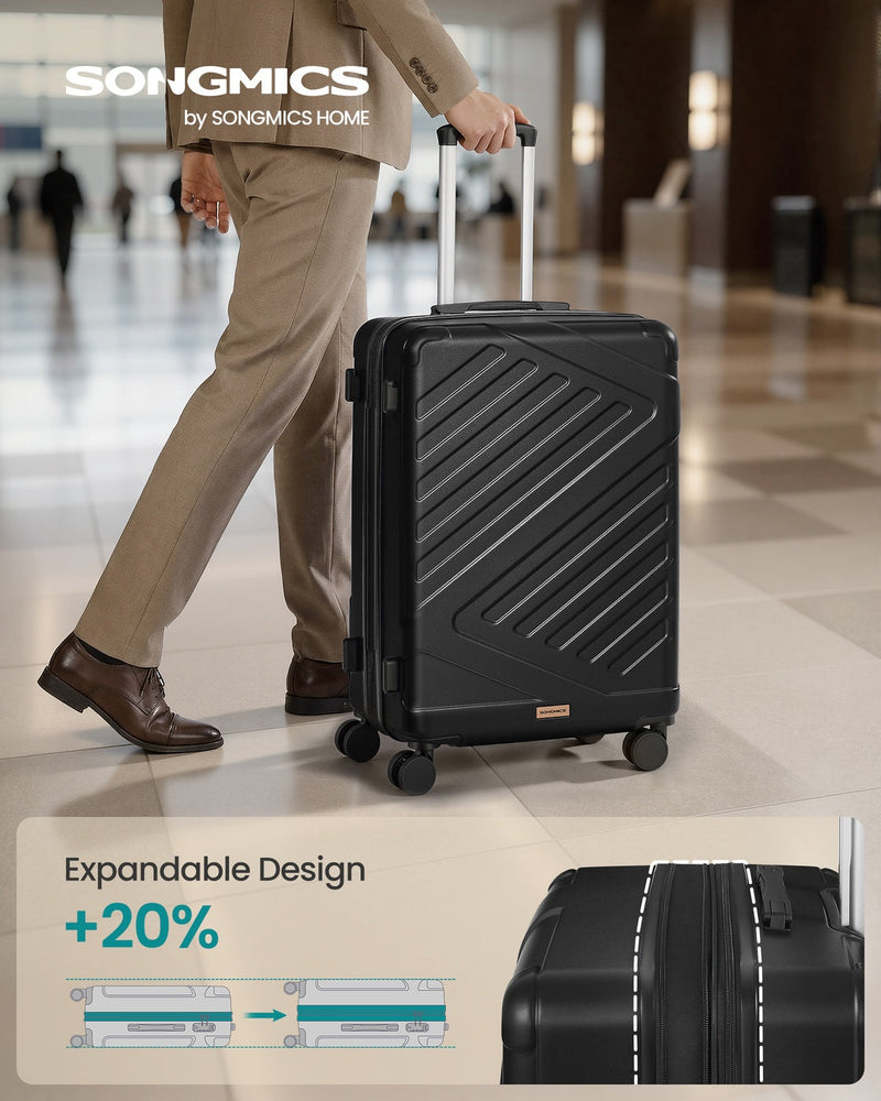 Traveller pulling the suitcase beside a panel showing the expandable 20 percent zip