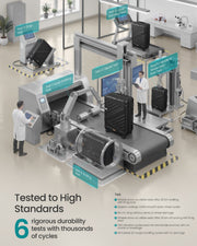 Illustration of the suitcase in a laboratory undergoing 6 durability tests