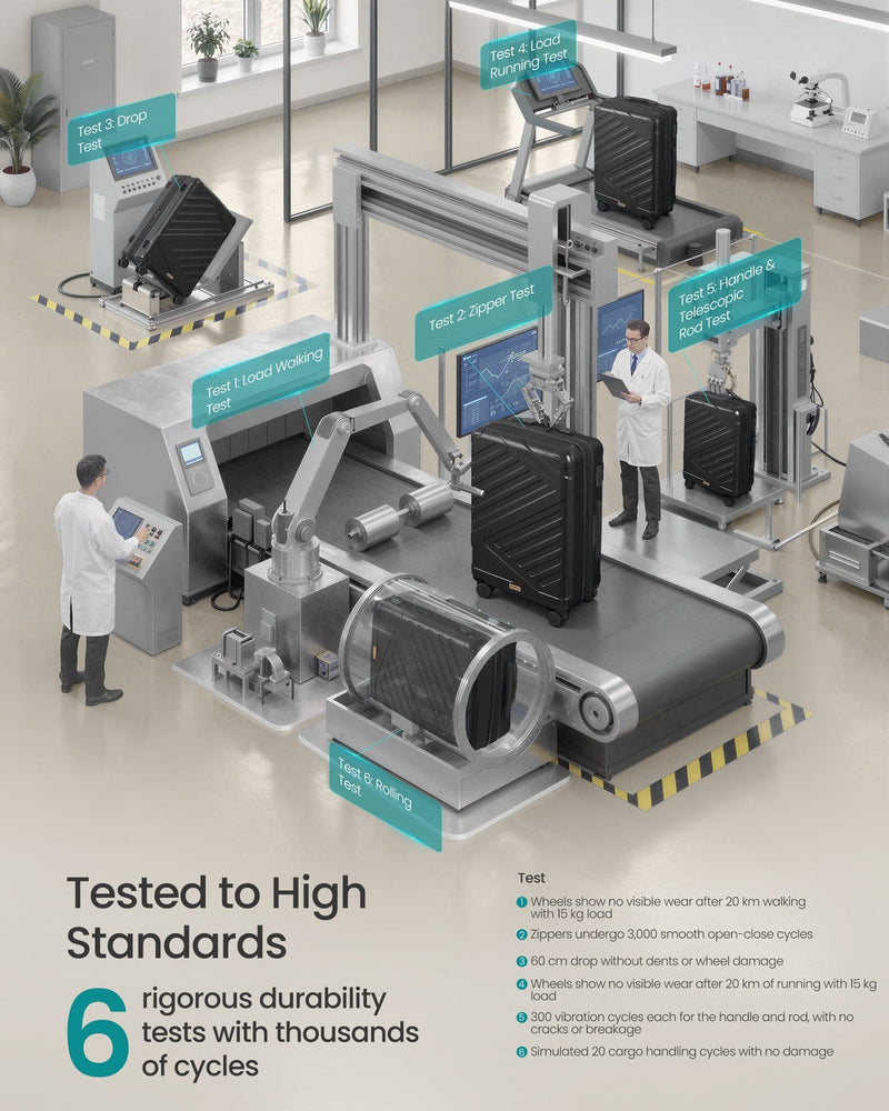 Illustration of the suitcase in a laboratory undergoing 6 durability tests
