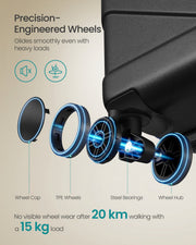 Wheel cutaway showing the wheel cap, TPE wheel, steel bearings and wheel hub
