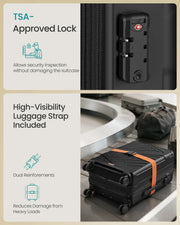Close-up of the TSA approved lock on the case and the high-visibility luggage strap