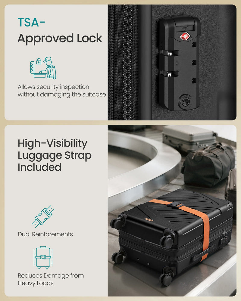 Close-up of the TSA approved lock on the case and the high-visibility luggage strap