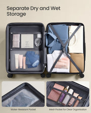 Open suitcase showing a zipped mesh side and cross straps holding folded clothes