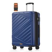 Studio view of the 65 cm expandable suitcase showing the ridged shell, side handle and spinner wheels