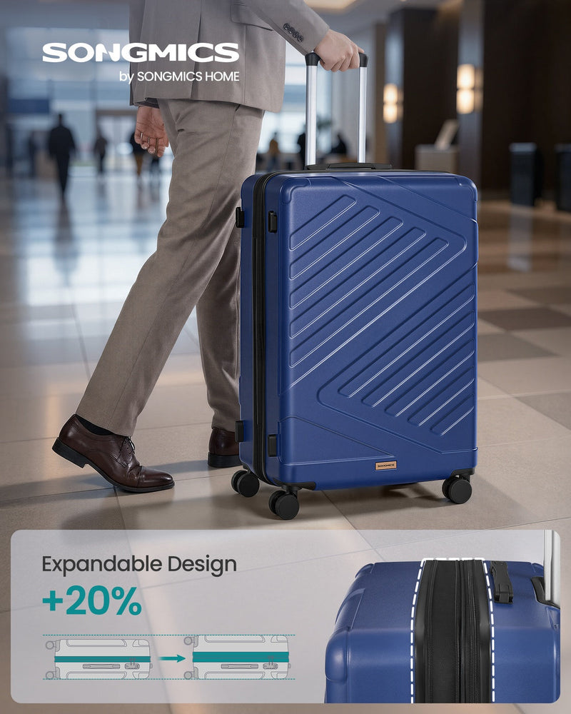 Traveller wheeling the large suitcase beside an expandable 20 percent design panel
