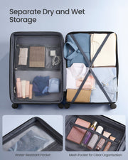 Interior of the open large case with a zipped mesh compartment and cross straps