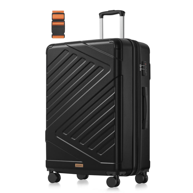 Studio view of the 75 cm suitcase from the front corner showing the diagonal ridges and TSA lock on the side