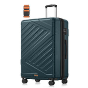 Large expandable hard shell case standing on four double wheels with its telescopic handle extended