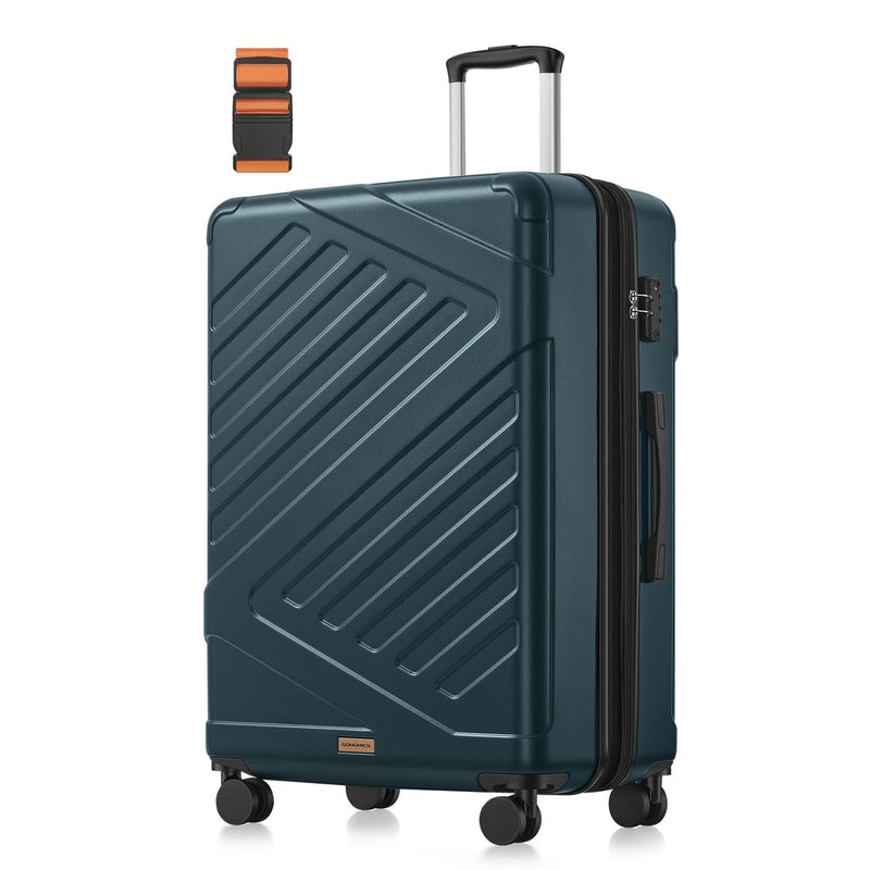 Large expandable hard shell case standing on four double wheels with its telescopic handle extended