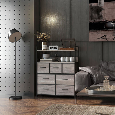 Tall Chest of 7 Fabric Drawers with Wood Effect Finish for Bedroom Storage Grey