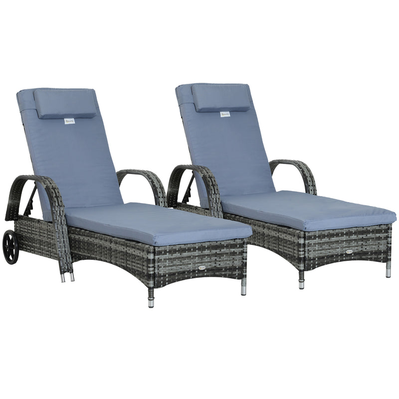 2 Piece Rattan Sun Lounger Set With Adjustable Reclining Backrest For Garden Relaxation, Grey
