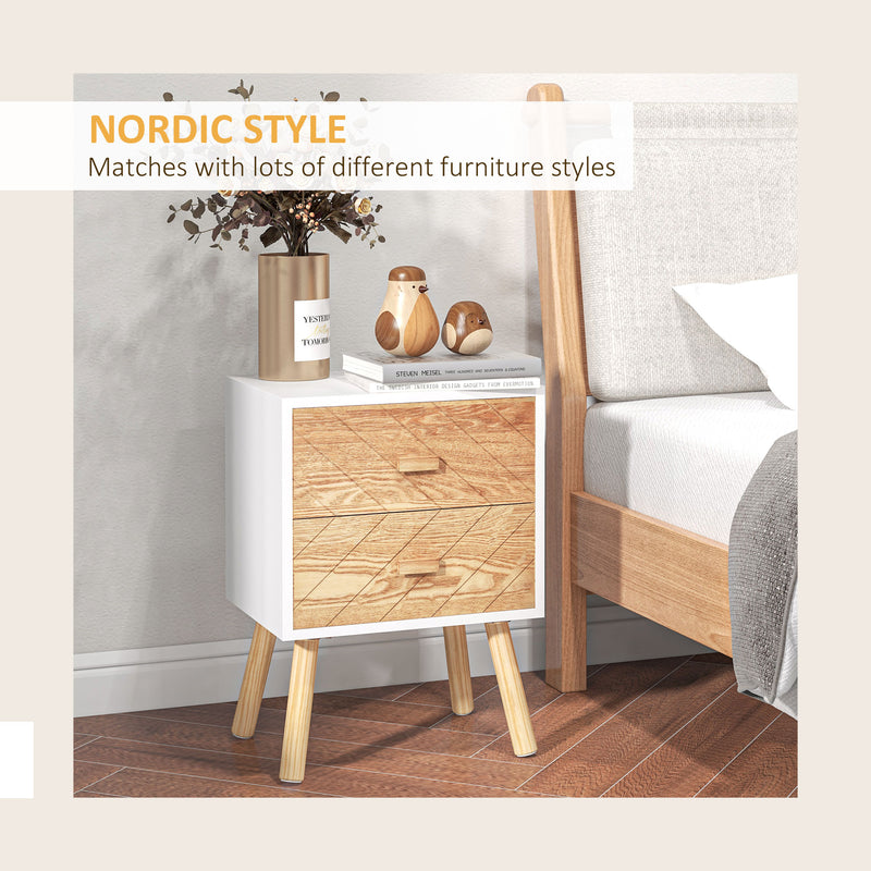 Set of 2 Modern Bedside Tables with Drawer and Wooden Legs Ideal for Bedroom Storage White