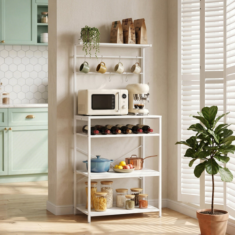 Kitchen Storage Shelf with Wine Rack and Hooks for Small Spaces White