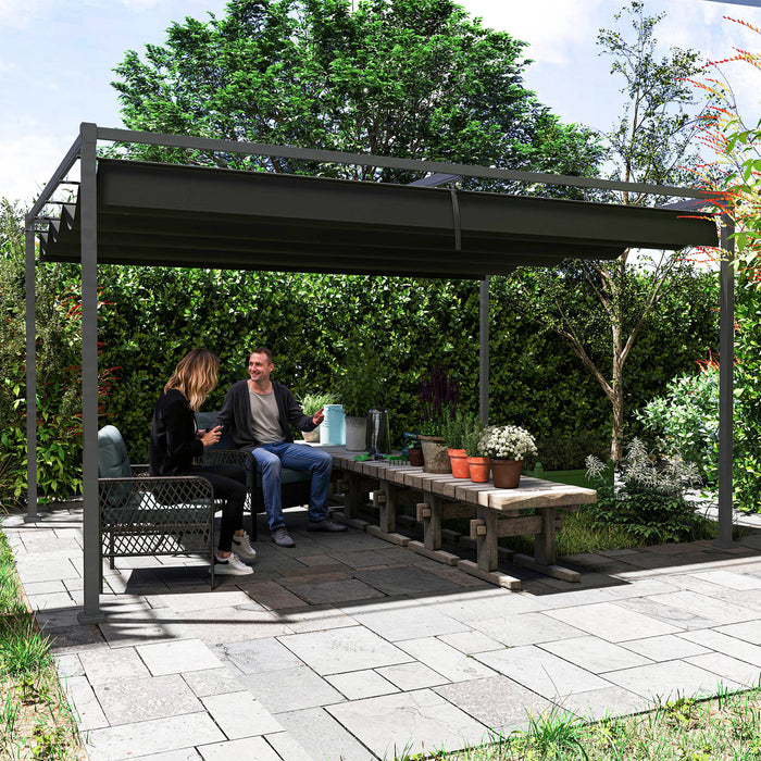 Black 4m x 3m Metal Pergola with Retractable Canopy Roof by Outsunny