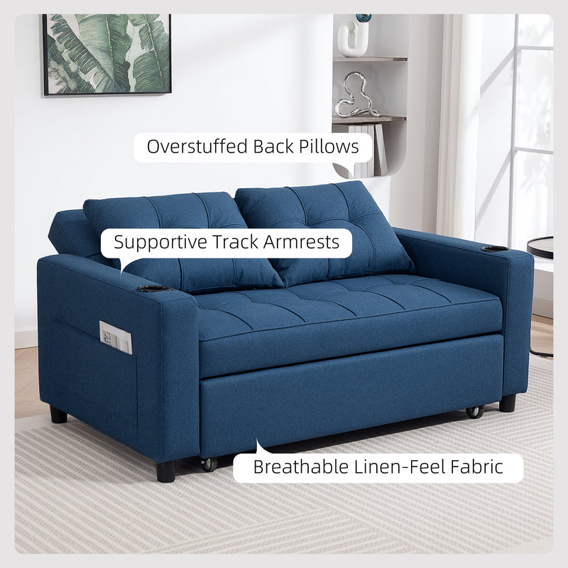 2 Seater Sofa Bed with Storage Pockets and Full Size Pull Out Bed Dark Blue