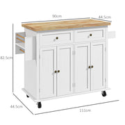 White Rolling Kitchen Island Trolley with Rubber Wood Top and Storage Drawers by HOMCOM