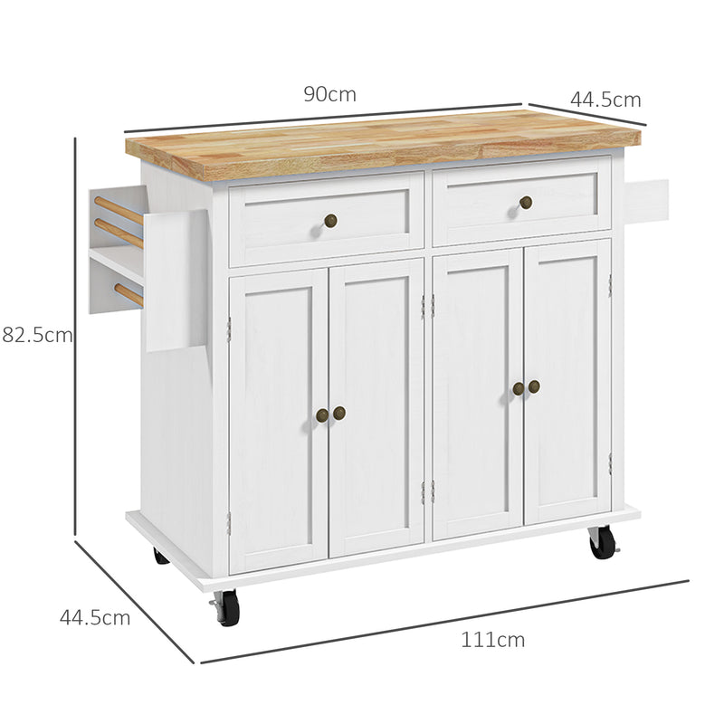 White Rolling Kitchen Island Trolley with Rubber Wood Top and Storage Drawers by HOMCOM