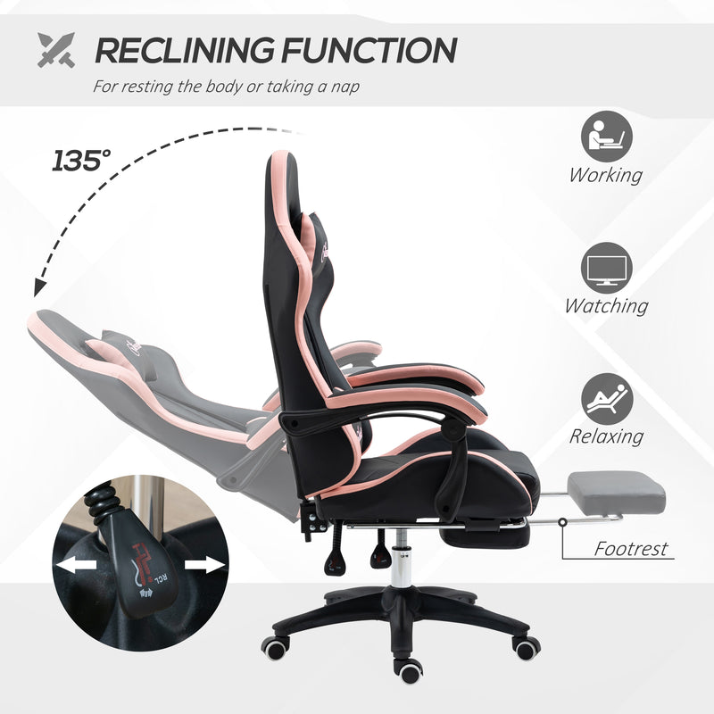 Reclining Gaming Chair With Footrest and Lumbar Support For Office or Home Use, Black and Pink