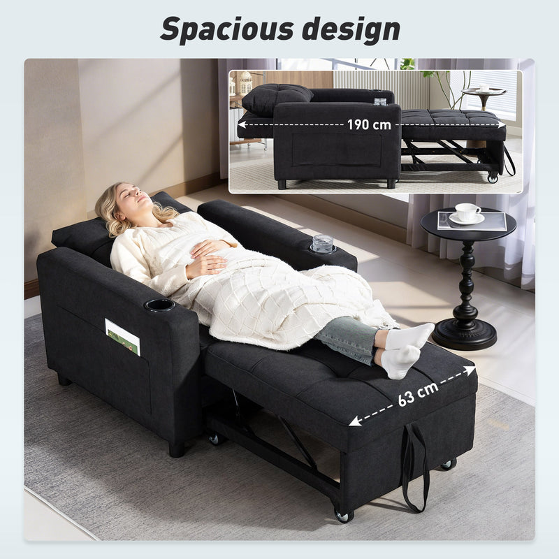 3 in 1 Convertible Sleeper Chair Sofa Bed Single Seat For Guest Room Or Lounge Black Homcom