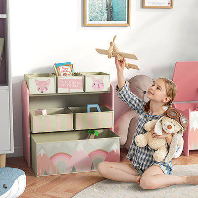 Kids Storage Unit with 6 Fabric Bins Ideal for Bedrooms and Playrooms, Pink