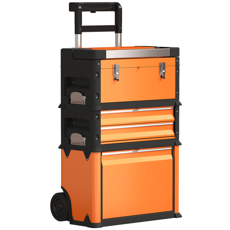 3 in 1 Stackable Rolling Tool Box Orange With Wheels For Easy Garage Organisation