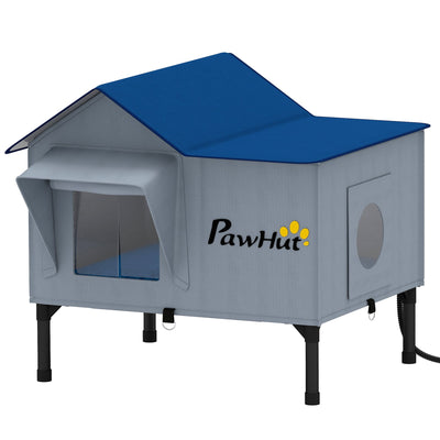 PawHut heated weatherproof outdoor cat house, grey with blue roof