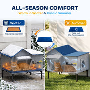 Cat house shown in both winter snow and summer garden settings