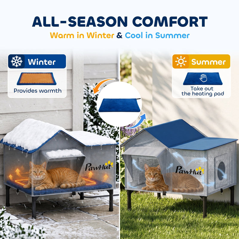 Cat house shown in both winter snow and summer garden settings