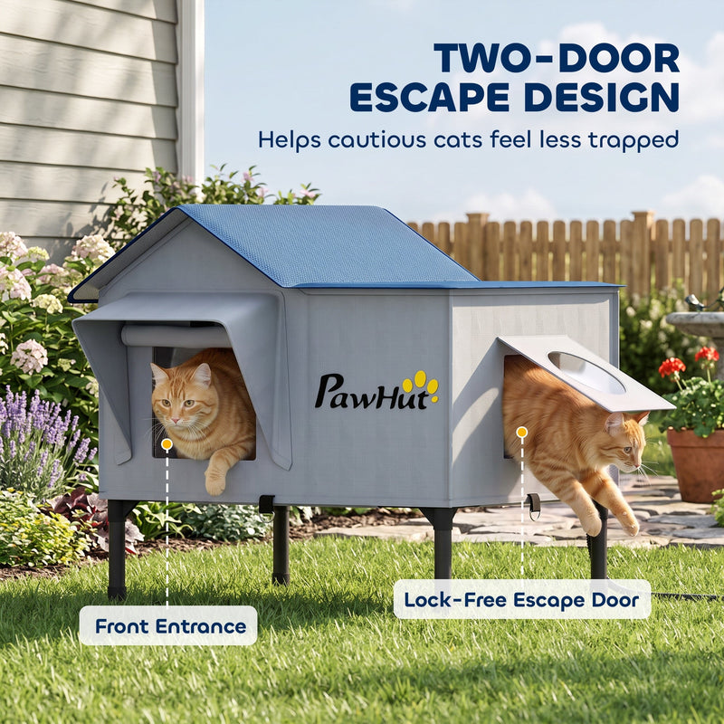 Two cats using the front entrance and lock-free escape door