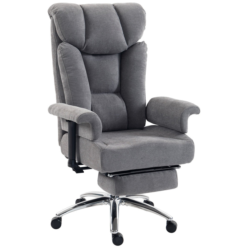 Dark grey fabric big and tall office chair with footrest and chrome base on a white background