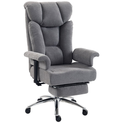 Dark grey fabric big and tall office chair with footrest and chrome base on a white background