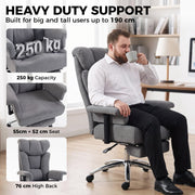Man seated in the office chair beside a graphic showing 250 kg capacity and a 55 x 52 cm seat