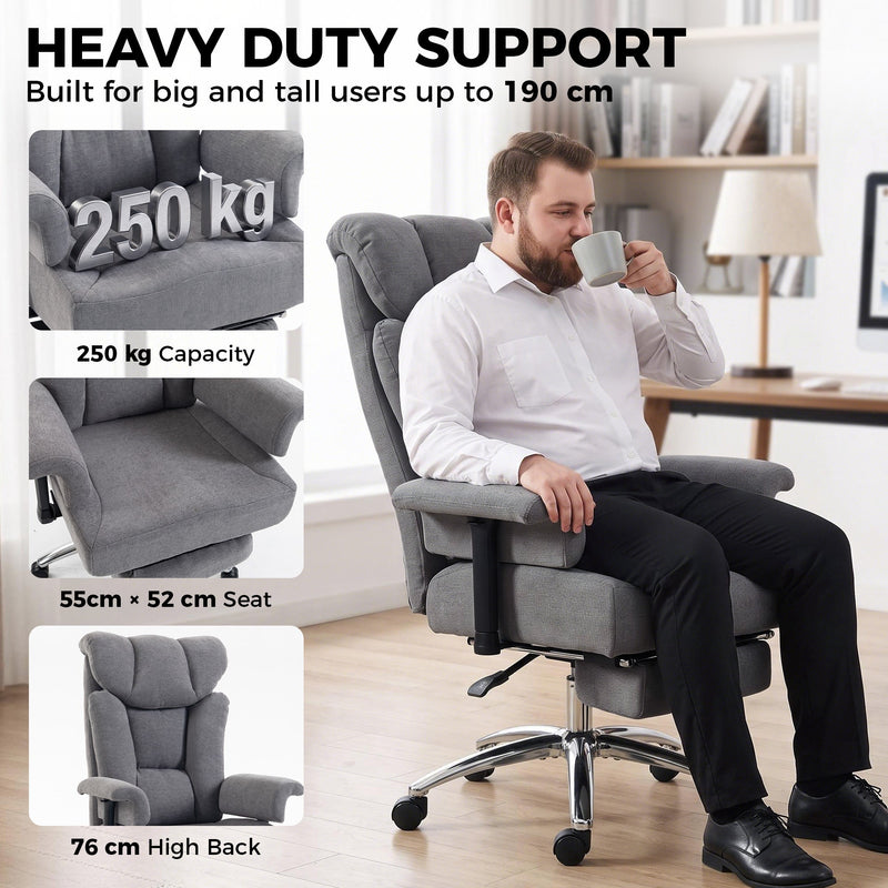 Man seated in the office chair beside a graphic showing 250 kg capacity and a 55 x 52 cm seat