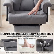 Hand pressing the thick padded seat of the grey office chair with foam and fabric detail panels