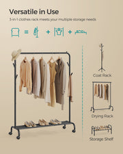 Side angle view of the black metal clothes rail frame and hanging rod