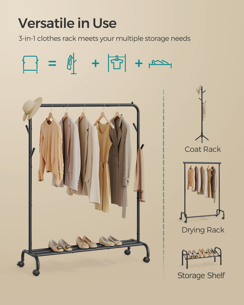 Side angle view of the black metal clothes rail frame and hanging rod