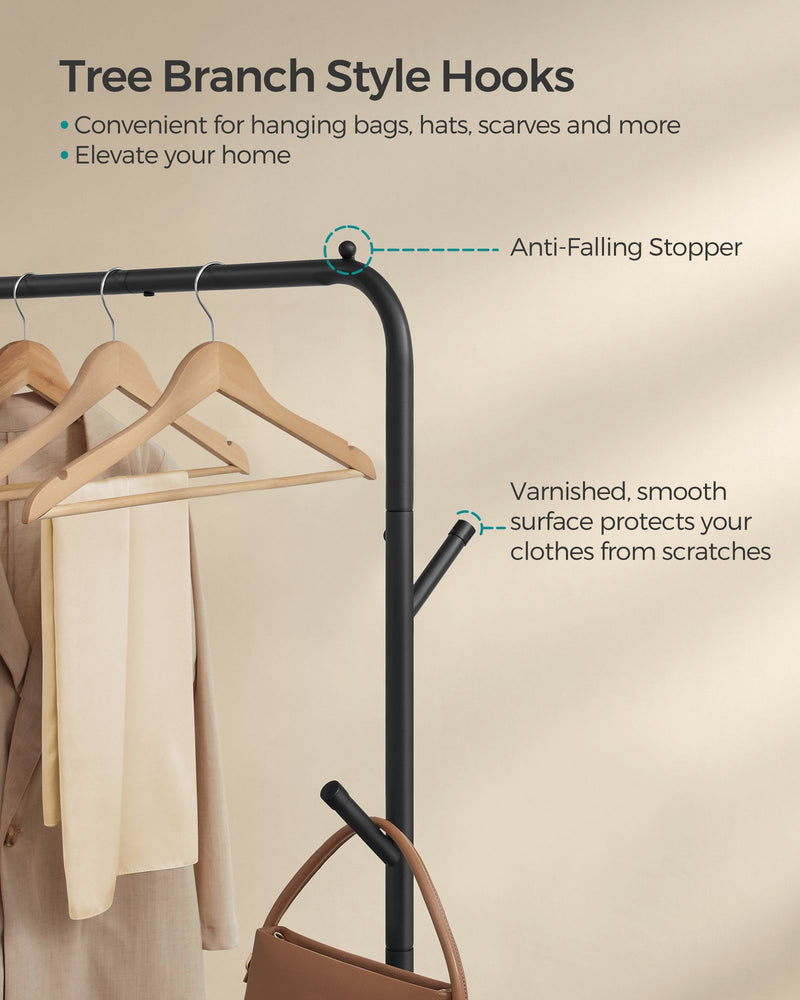 Close-up of the powder-coated metal frame joint and coat hooks