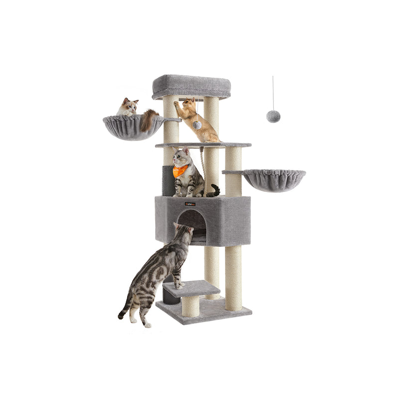 Feandrea heavy-duty cat tower in dove grey and cream, studio shot of the full tower