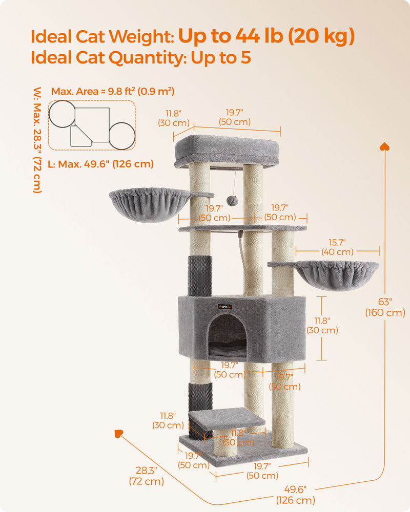Cat tower positioned in a living room for scale