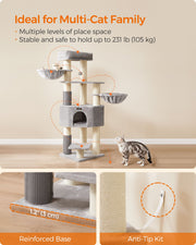 Front view of the cat tower showing all levels and the reinforced base
